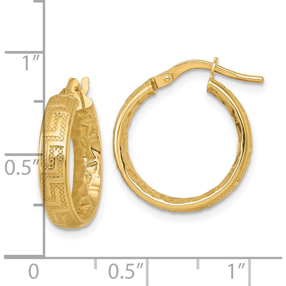 14K Yellow Gold Polished Textured Greek Key Design Hoop Earrings - 19.5mm Length by 0