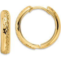 14K Yellow Gold Polished Textured Hinged Hoop Earrings - 15mm Width by 0