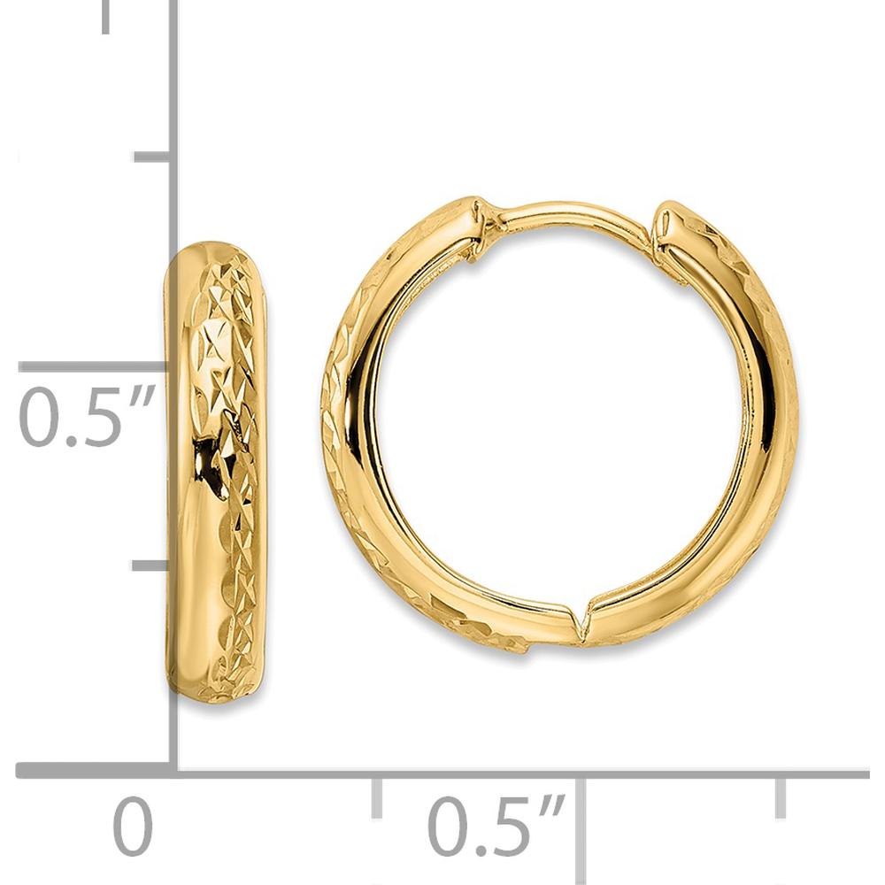14K Yellow Gold Polished Textured Hinged Hoop Earrings - 15mm Width by 0
