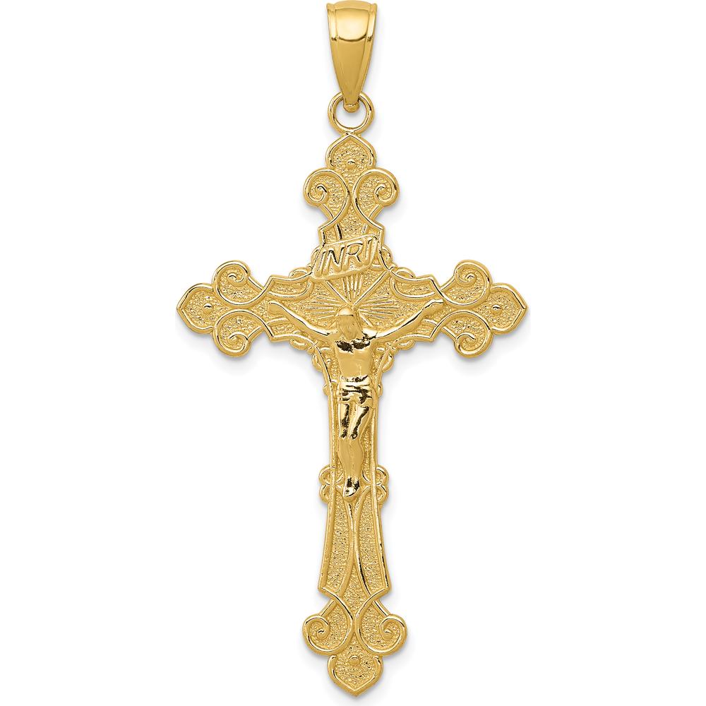 14K Yellow Gold Polished Textured INRI Crucifix Fleur de Lis Pendant - 45mm Length by Oro Pregiato