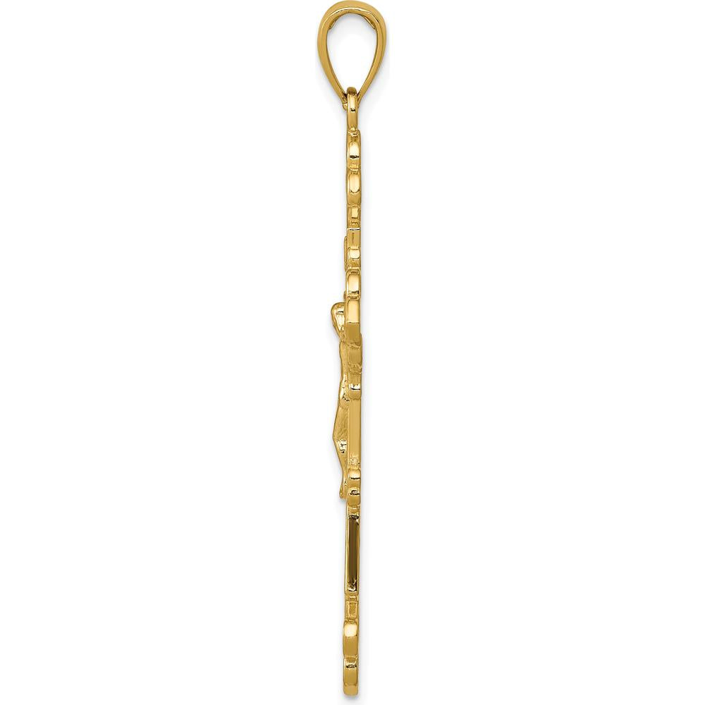 14K Yellow Gold Polished Textured INRI Crucifix Fleur de Lis Pendant - 45mm Length by Oro Pregiato