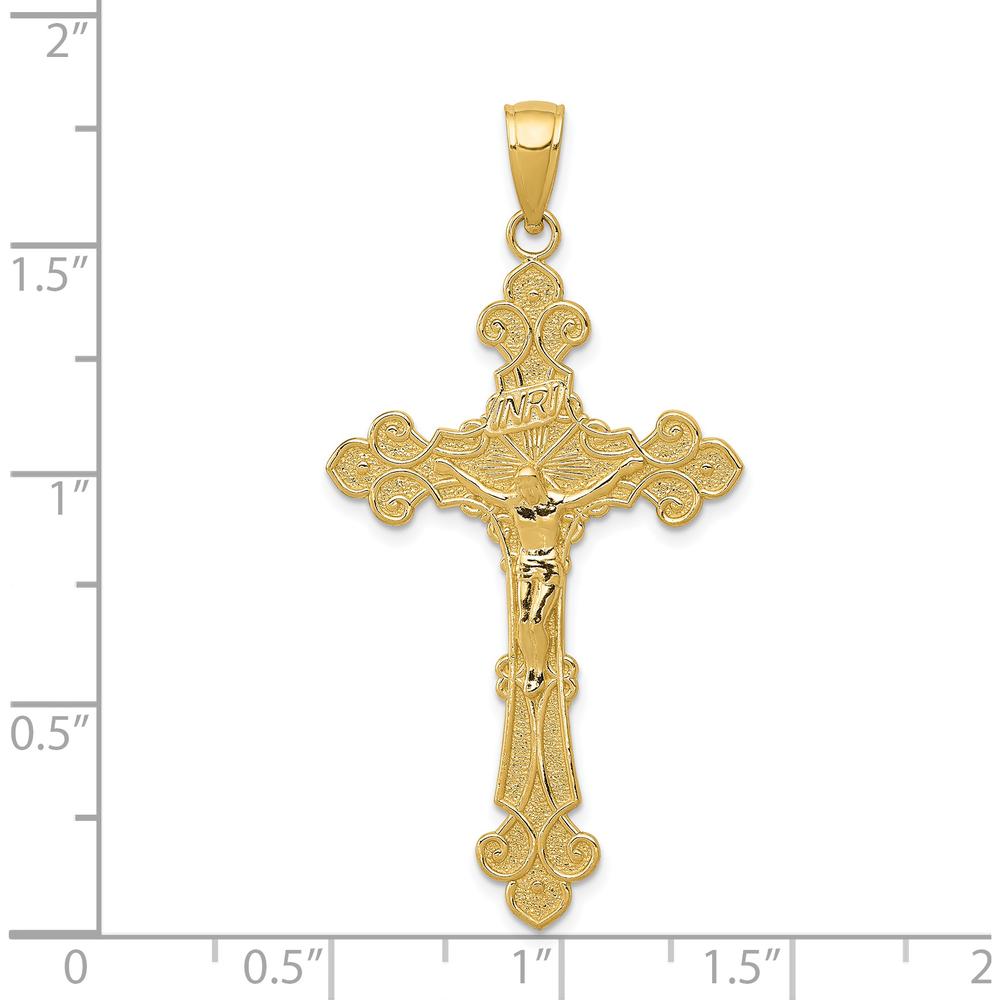 14K Yellow Gold Polished Textured INRI Crucifix Fleur de Lis Pendant - 45mm Length by Oro Pregiato