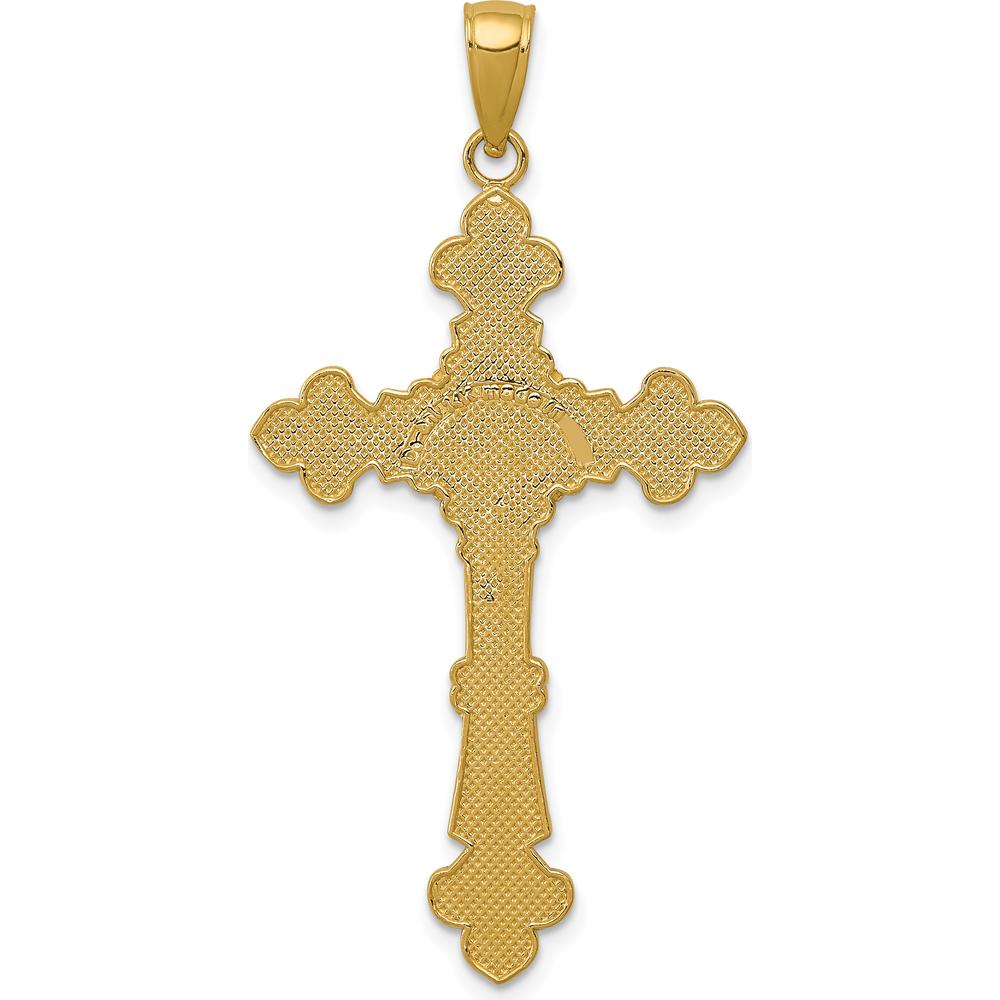 14K Yellow Gold Polished Textured INRI Crucifix Fleur de Lis Pendant - 45mm Length by Oro Pregiato