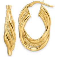 14K Yellow Gold Polished Textured Intertwined Oval Hoop Earrings - 27.5mm Length by 0