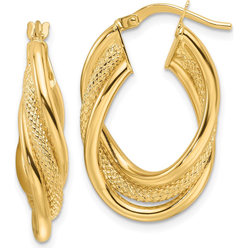14K Yellow Gold Polished Textured Intertwined Oval Hoop Earrings - 27.5mm Length by 0