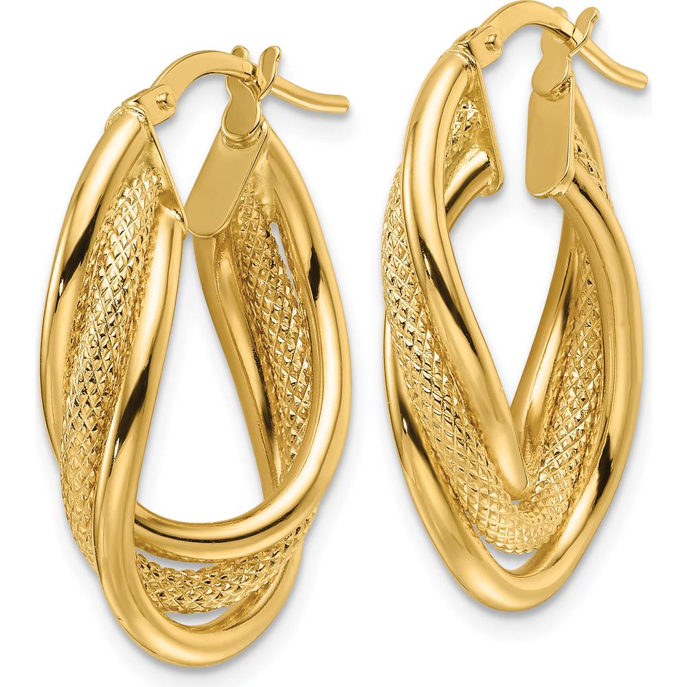 14K Yellow Gold Polished Textured Intertwined Oval Hoop Earrings - 27.5mm Length by 0