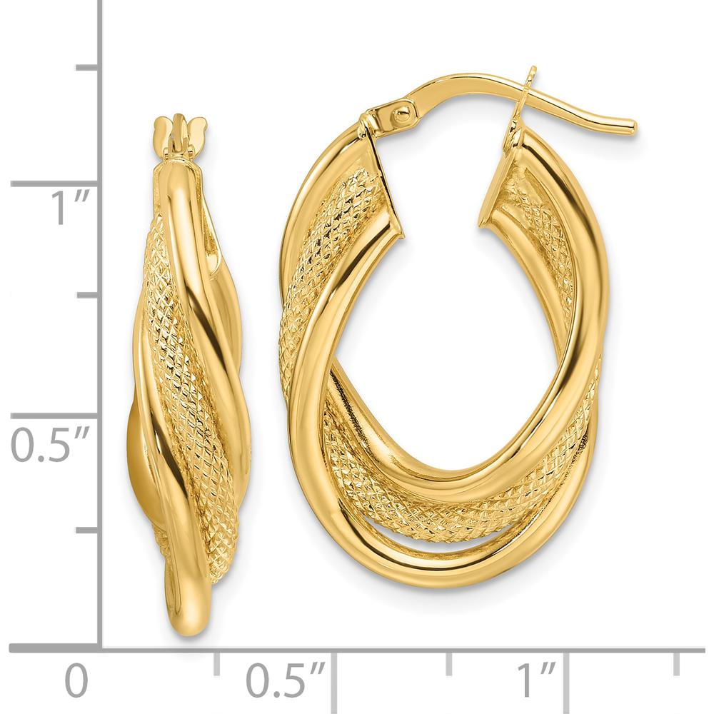 14K Yellow Gold Polished Textured Intertwined Oval Hoop Earrings - 27.5mm Length by 0