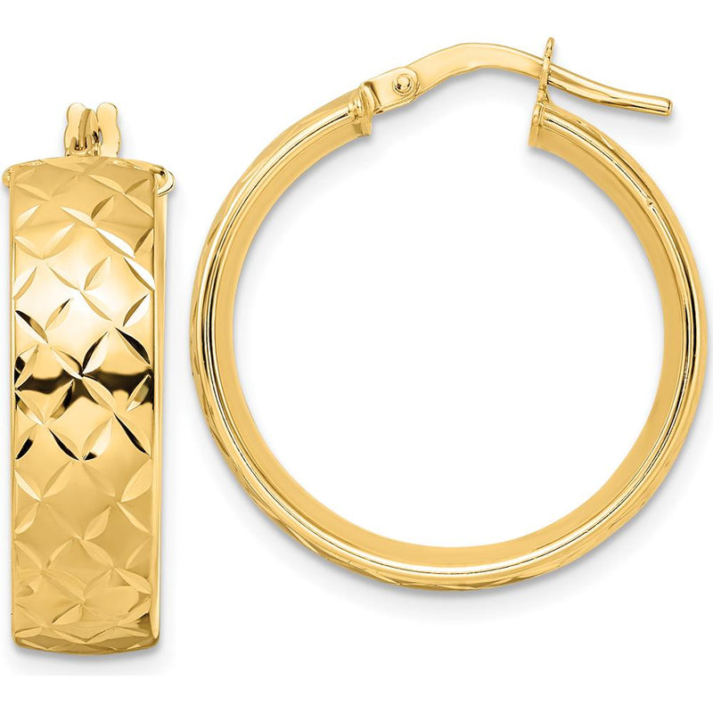 14K Yellow Gold Polished Textured Large Hoop Earrings - 24.32mm Length by 0