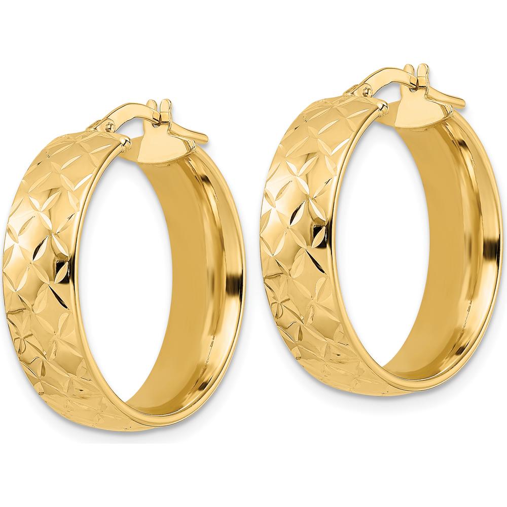 14K Yellow Gold Polished Textured Large Hoop Earrings - 24.32mm Length by 0