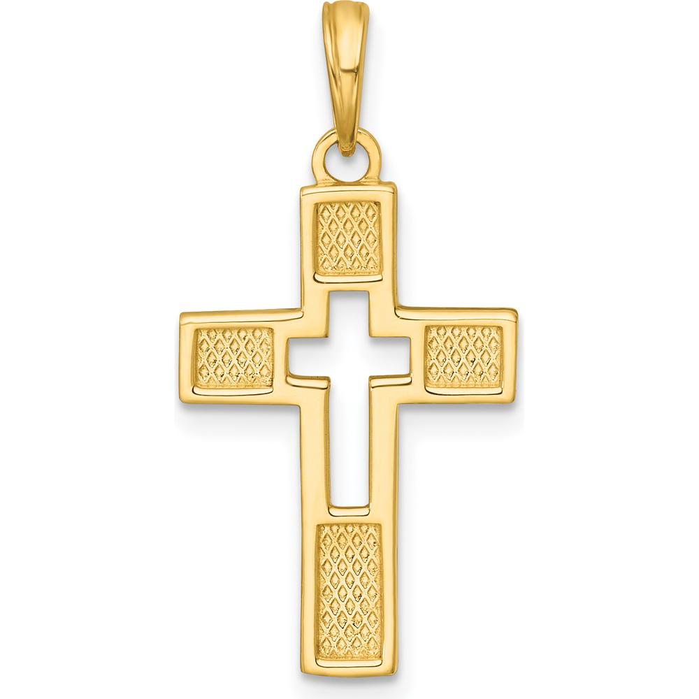 14K Yellow Gold Polished Textured Latin Cross Charm Pendant - 26.4mm Length by Oro Pregiato
