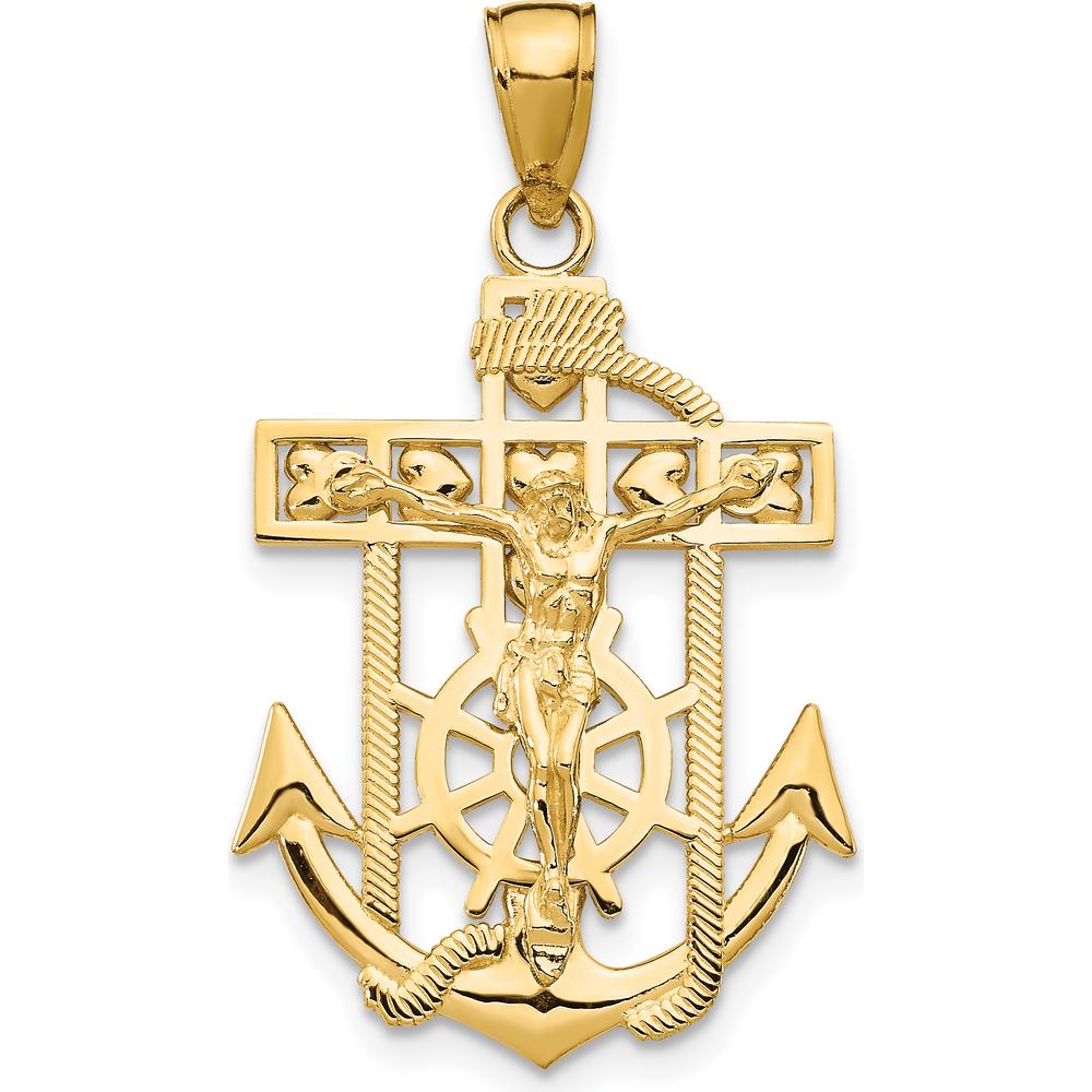 14K Yellow Gold Polished Textured Mariners Crucifix Pendant - 31.5mm Length by Oro Pregiato
