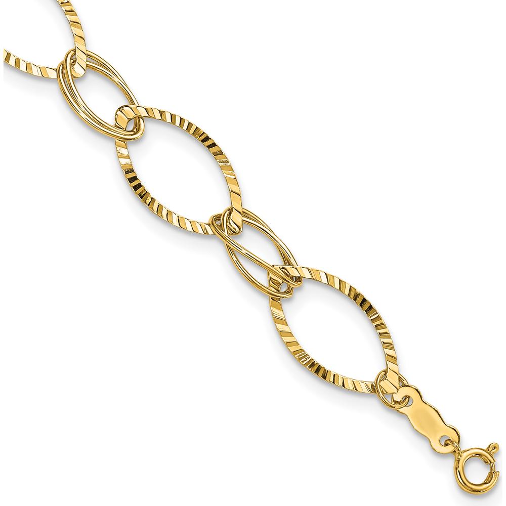 14K Yellow Gold Polished Textured Oval Link Bracelet - 7.25" Length by 0