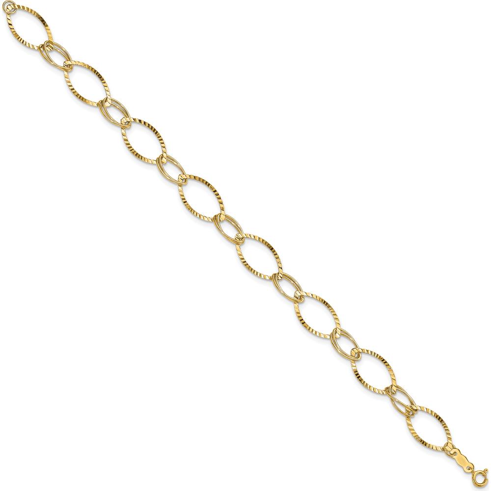14K Yellow Gold Polished Textured Oval Link Bracelet - 7.25" Length by 0