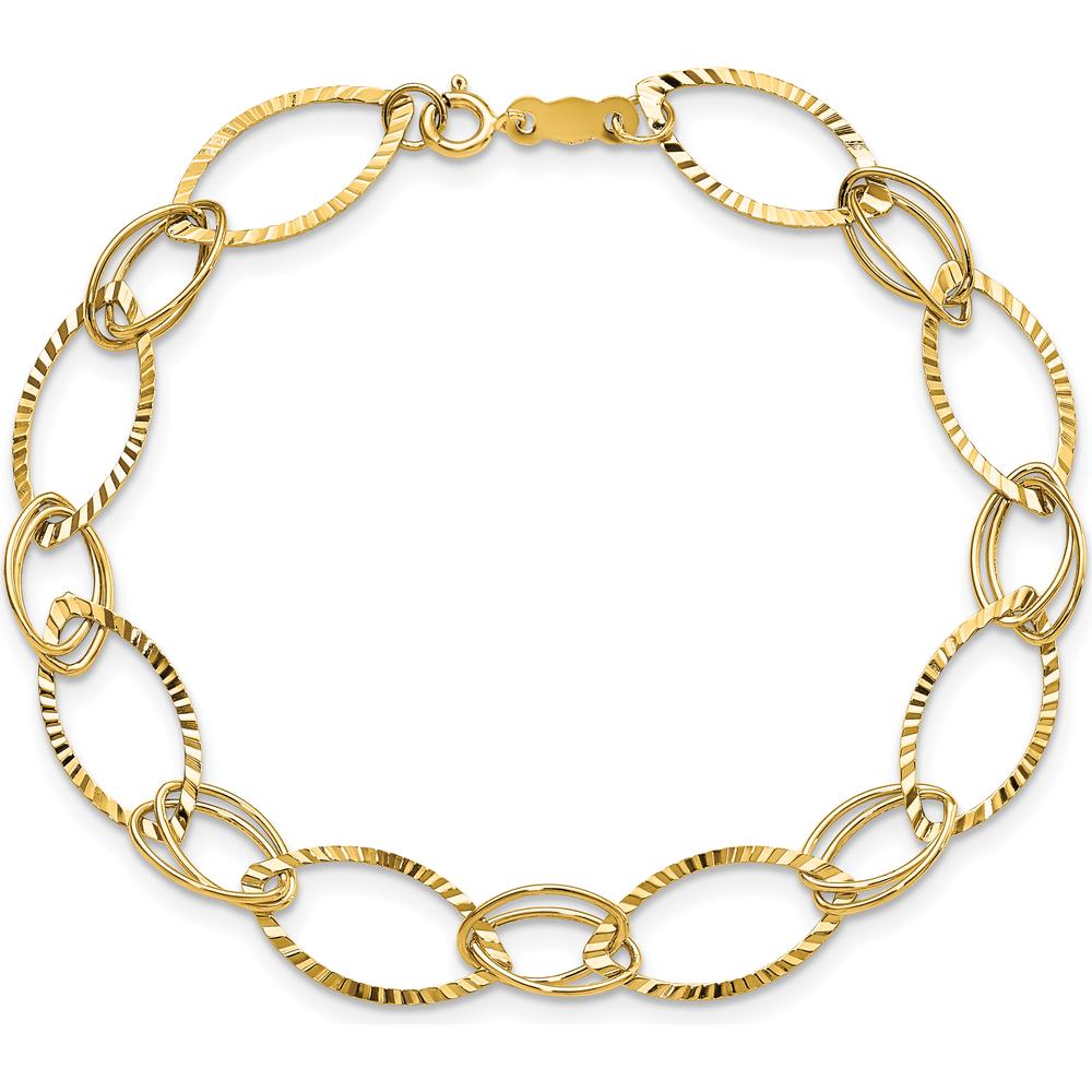 14K Yellow Gold Polished Textured Oval Link Bracelet - 7.25" Length by 0