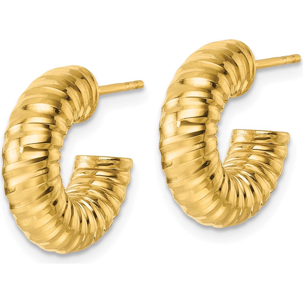 14K Yellow Gold Polished Textured Tube C-Hoop Earrings - 16mm Length by 0