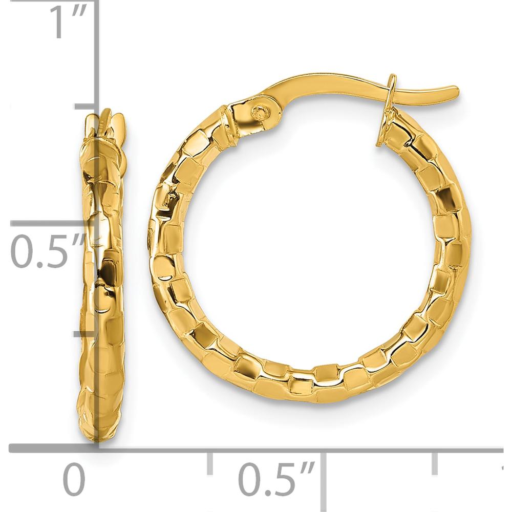 14K Yellow Gold Polished Textured Tube Hoop Earrings - 19mm x 2.3mm by 0