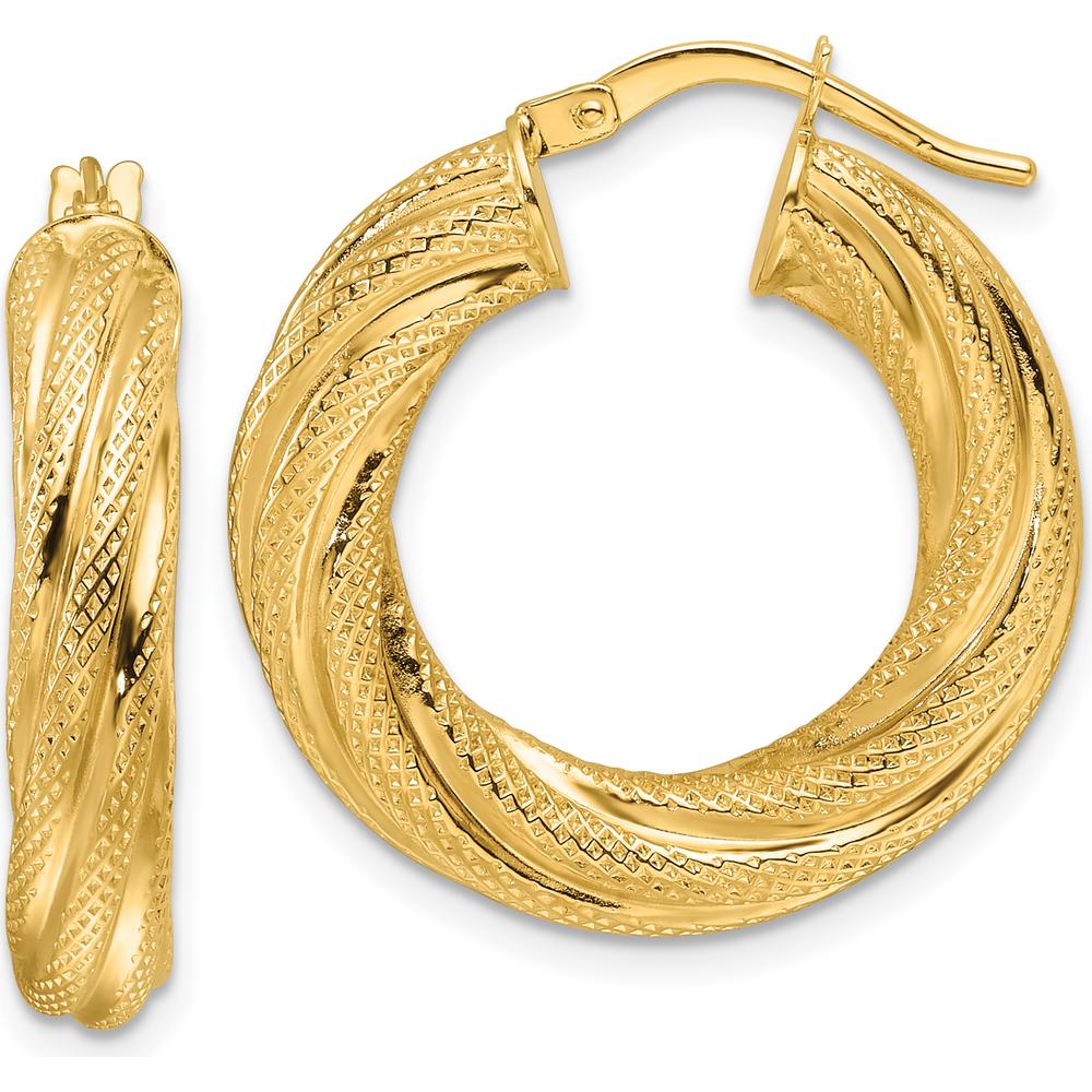 14K Yellow Gold Polished Textured Twist Hoop Earrings - 4.7mm Thickness by 0