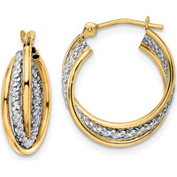 14K Yellow Gold Polished Textured Twisted Hoop Earrings with Rhodium Accents by Oro Pregiato