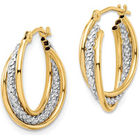 14K Yellow Gold Polished Textured Twisted Hoop Earrings with Rhodium Accents by Oro Pregiato