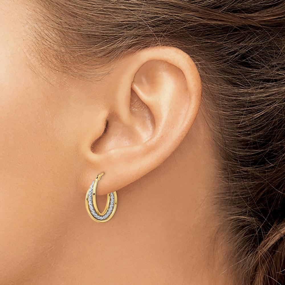 14K Yellow Gold Polished Textured Twisted Hoop Earrings with Rhodium Accents by Oro Pregiato