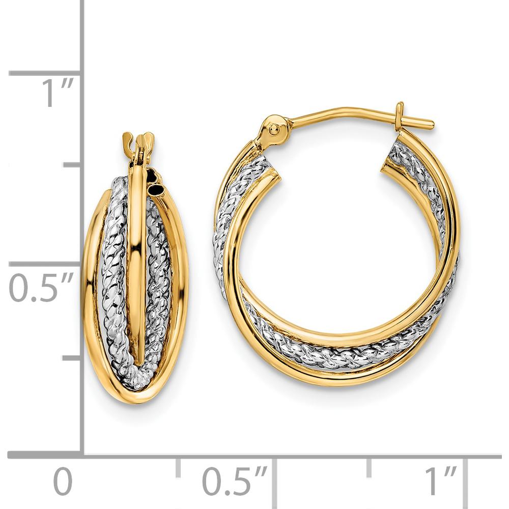 14K Yellow Gold Polished Textured Twisted Hoop Earrings with Rhodium Accents by Oro Pregiato