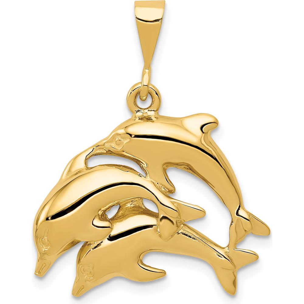 14K Yellow Gold Polished Three Dolphin Pendant - Symbolic Ocean-Inspired Charm by Oro Pregiato