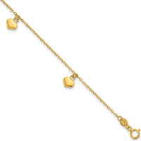 14K Yellow Gold Polished Three Puffed Heart Dangle Bracelet with 0.75" Extender by 0
