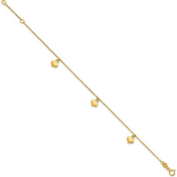 14K Yellow Gold Polished Three Puffed Heart Dangle Bracelet with 0.75" Extender by 0