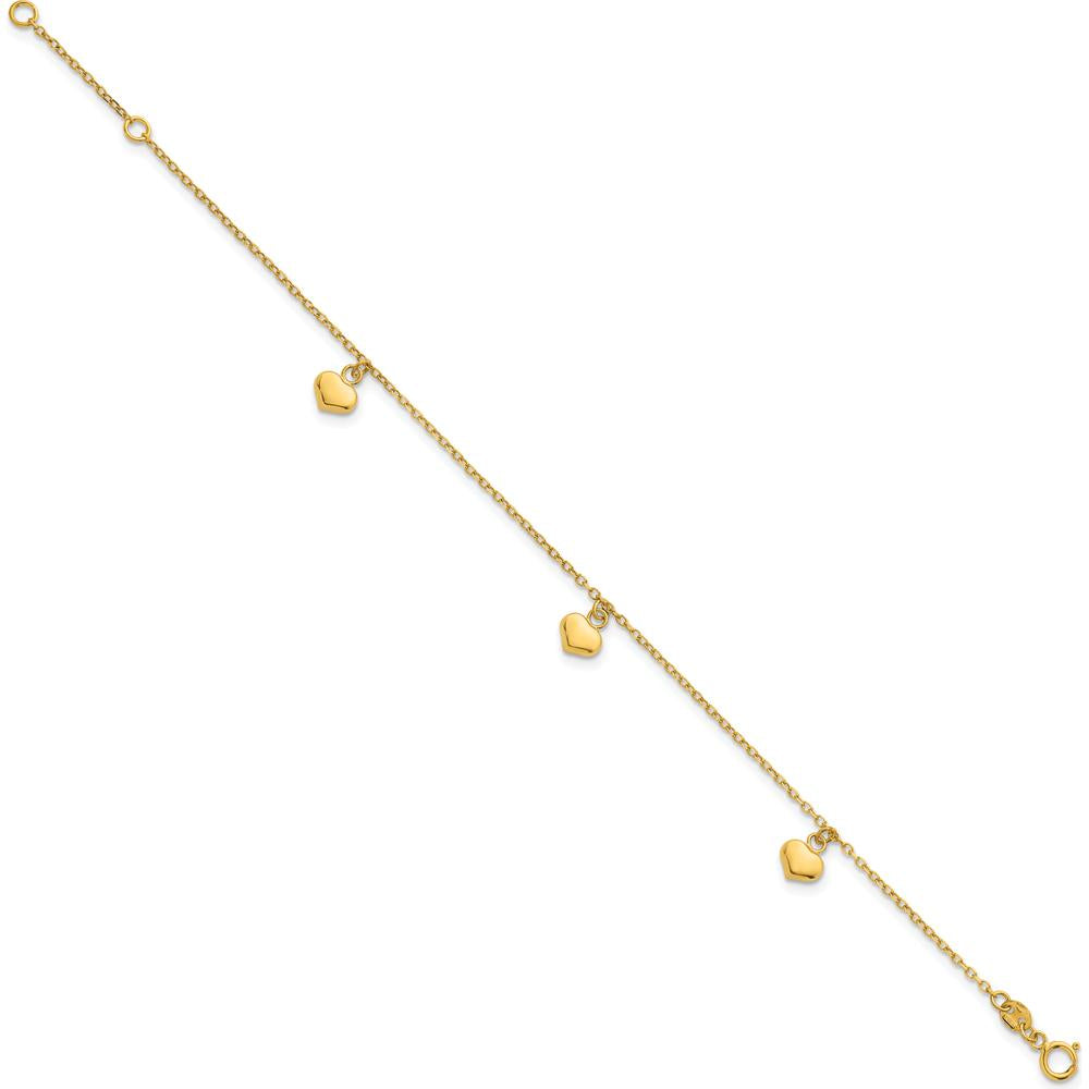 14K Yellow Gold Polished Three Puffed Heart Dangle Bracelet with 0.75" Extender by 0