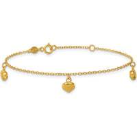 14K Yellow Gold Polished Three Puffed Heart Dangle Bracelet with 0.75" Extender by 0