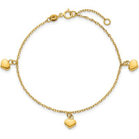 14K Yellow Gold Polished Three Puffed Heart Dangle Bracelet with 0.75" Extender by 0