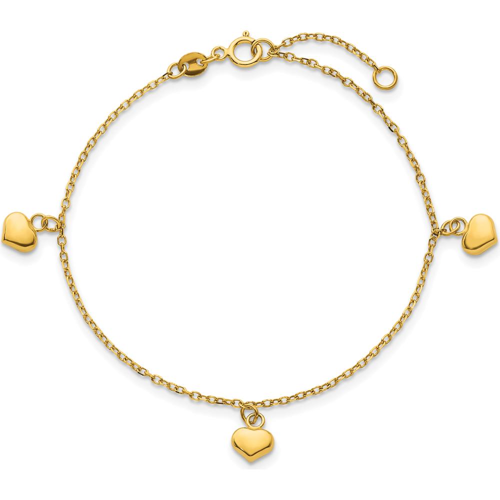 14K Yellow Gold Polished Three Puffed Heart Dangle Bracelet with 0.75" Extender by 0