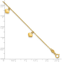 14K Yellow Gold Polished Three Puffed Heart Dangle Bracelet with 0.75" Extender by 0