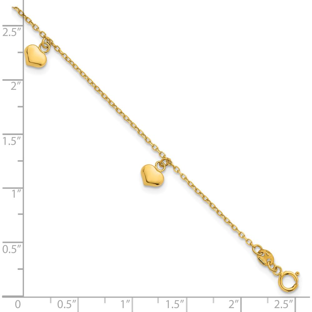 14K Yellow Gold Polished Three Puffed Heart Dangle Bracelet with 0.75" Extender by 0