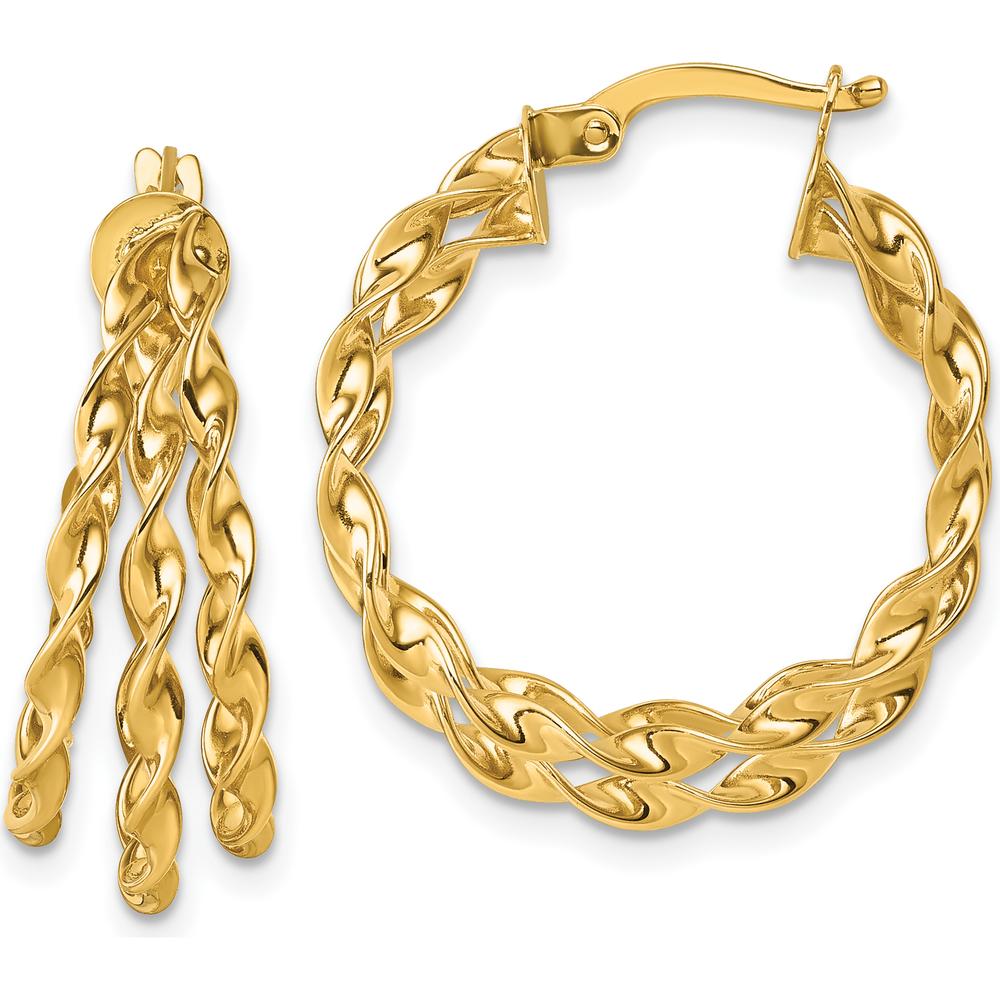 14K Yellow Gold Polished Three Strand Circle Twisted Hoop Earrings - 23mm Length by 0