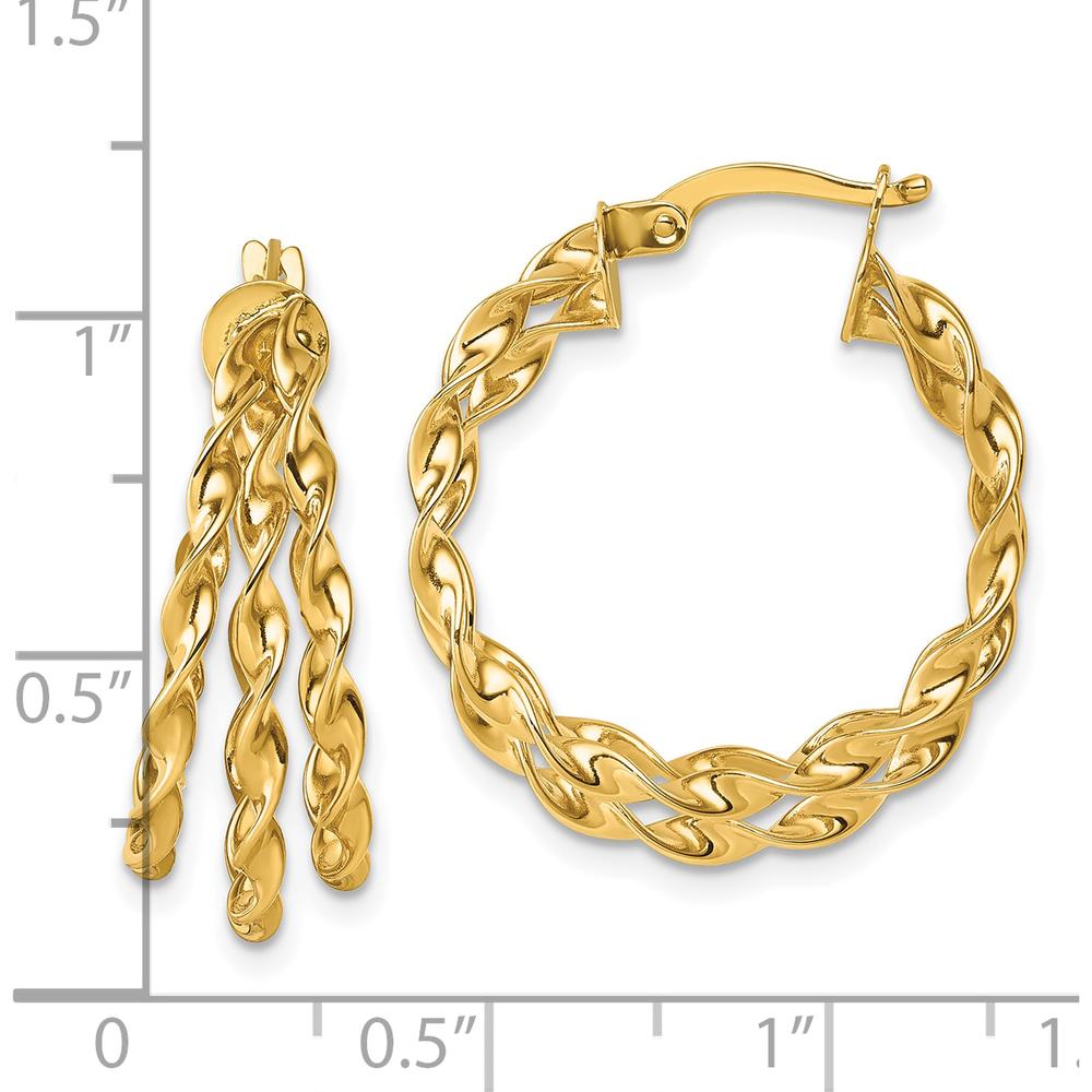 14K Yellow Gold Polished Three Strand Circle Twisted Hoop Earrings - 23mm Length by 0