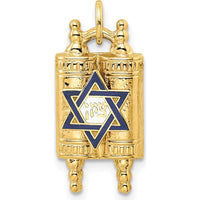 14K Yellow Gold Polished Torah Pendant with Blue and White Enameled Star of David - 22mm Length by Oro Pregiato