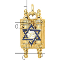 14K Yellow Gold Polished Torah Pendant with Blue and White Enameled Star of David - 22mm Length by Oro Pregiato