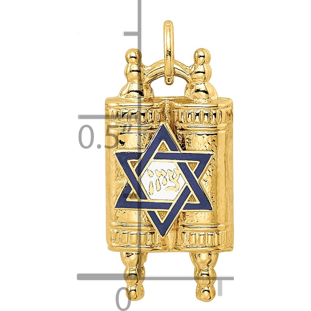 14K Yellow Gold Polished Torah Pendant with Blue and White Enameled Star of David - 22mm Length by Oro Pregiato