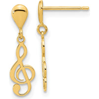 14K Yellow Gold Polished Treble Clef Drop Earrings - Elegant Musical Design by Oro Pregiato