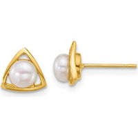 14K Yellow Gold Polished Triangle Post Earrings with 4-5mm Button Freshwater Cultured Pearls by Monteluci Fine Jewelry