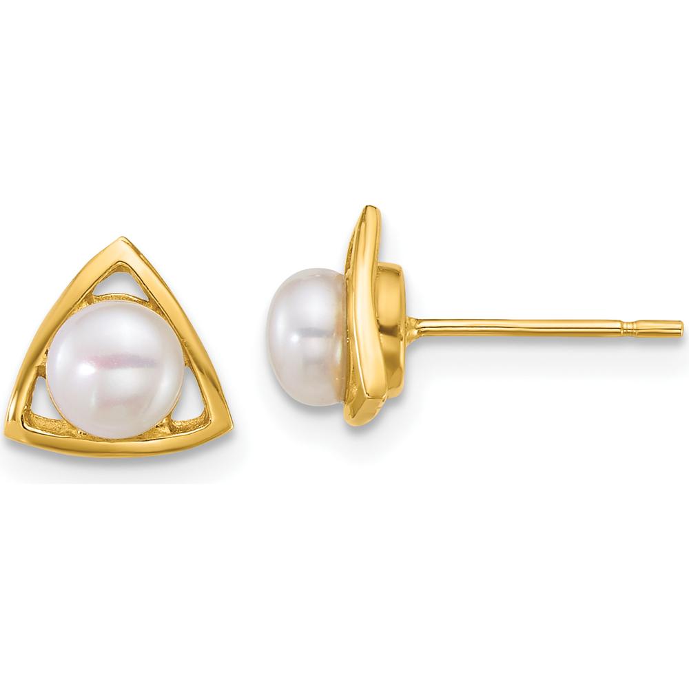 14K Yellow Gold Polished Triangle Post Earrings with 4-5mm Button Freshwater Cultured Pearls by Monteluci Fine Jewelry