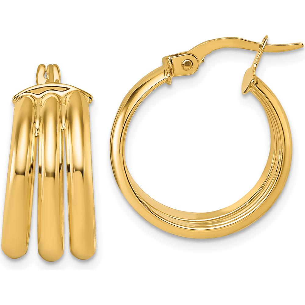 14K Yellow Gold Polished Triple Row Tube Hoop Earrings - 8.00mm x 17.9mm by 0