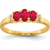14K Yellow Gold Polished Triple Ruby and Round Diamond 3-Stone Ring - 0.57 Carat Total Gem Weight by 0