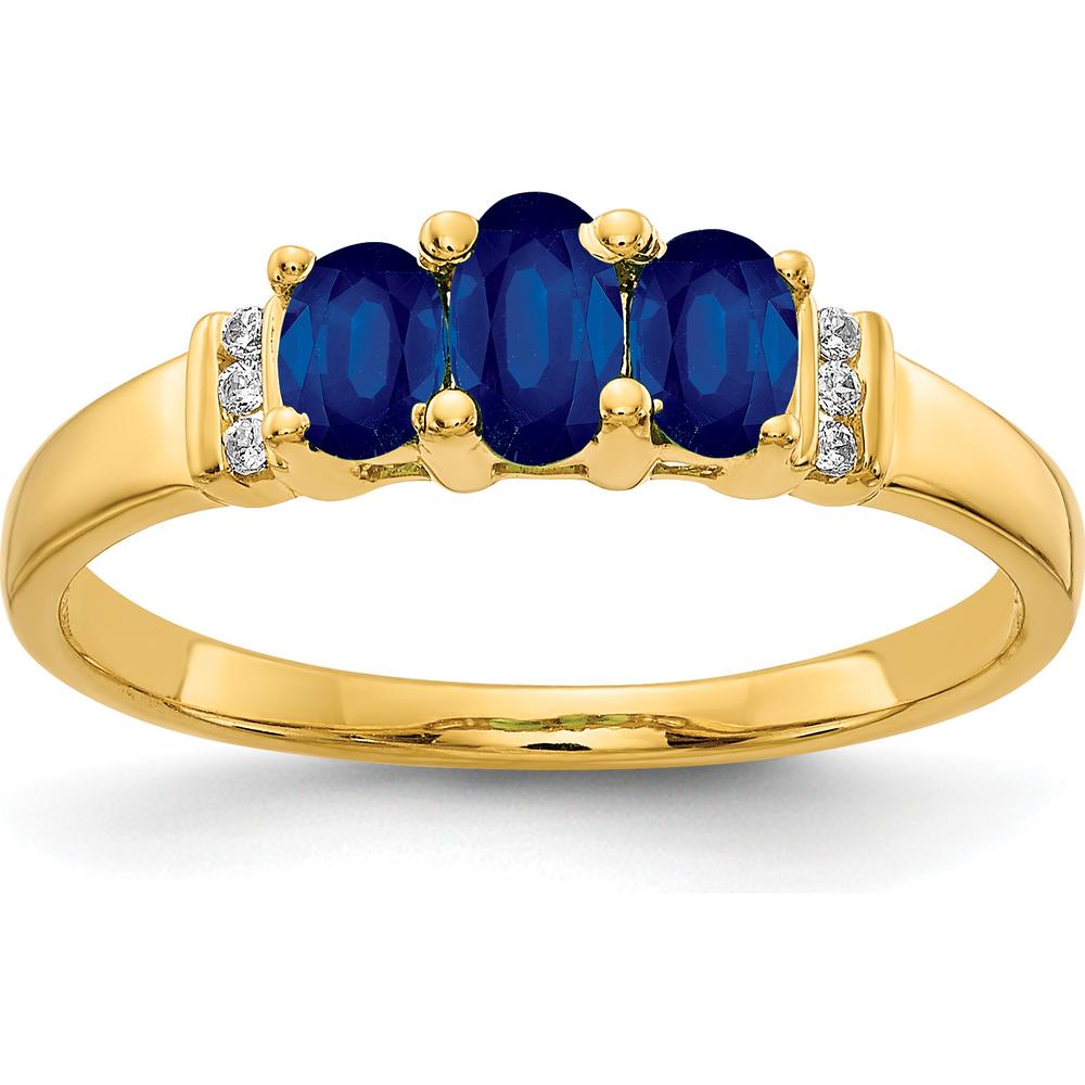 14K Yellow Gold Polished Triple Sapphire and Diamond 3-Stone Ring - 0.56 Carat Total Sapphire Weight, 0.03 Carat Total Diamond Weight by 0