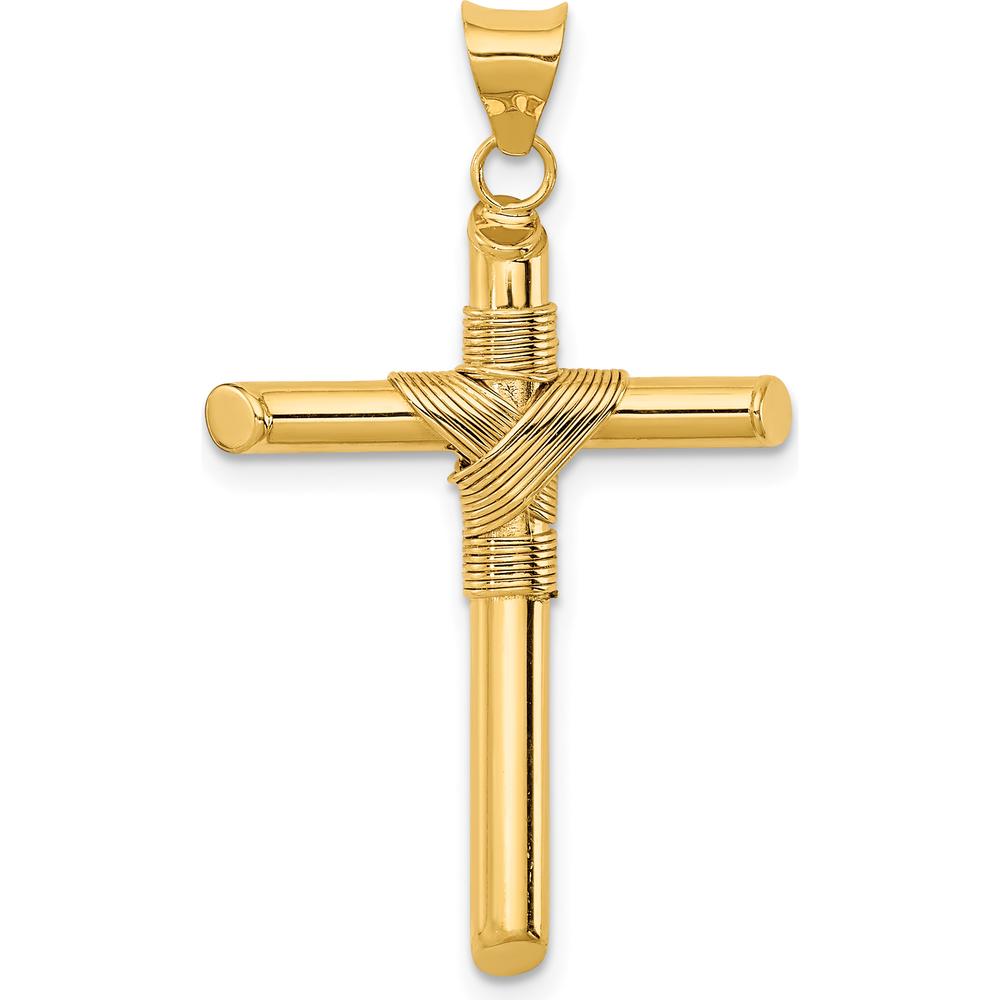 14K Yellow Gold Polished Tube Cross Pendant with Center Wrap - 34.7mm Length by Oro Pregiato