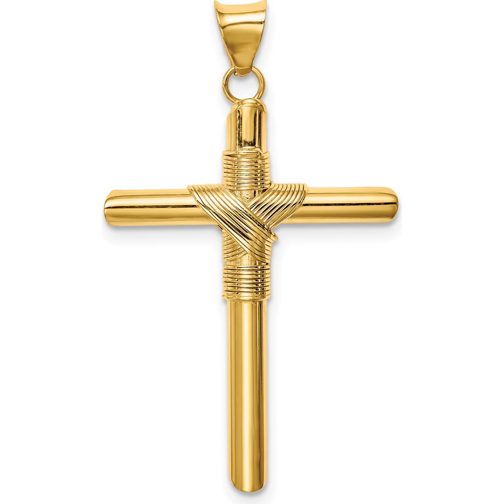 14K Yellow Gold Polished Tube Cross Pendant with Center Wrap - 34.7mm Length by Oro Pregiato