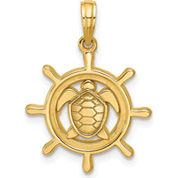 14K Yellow Gold Polished Turtle in Ships Wheel Pendant - 24.8mm Length by Oro Pregiato