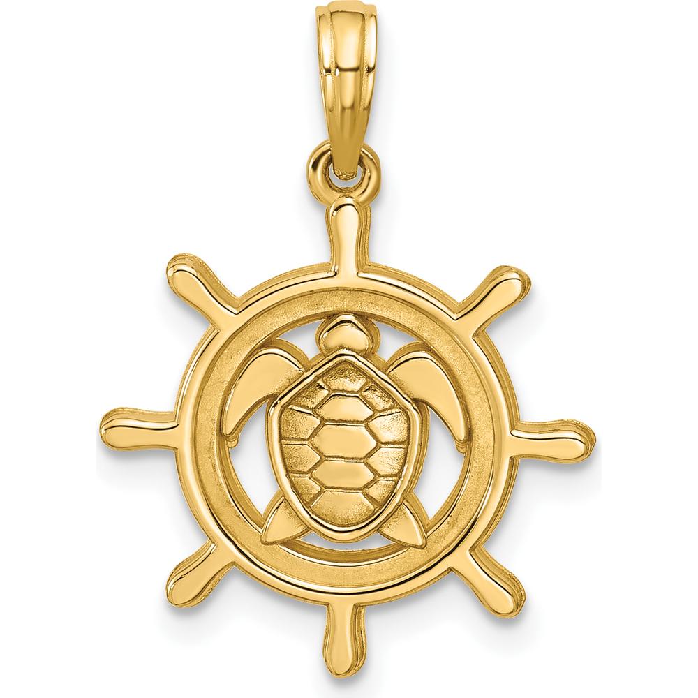 14K Yellow Gold Polished Turtle in Ships Wheel Pendant - 24.8mm Length by Oro Pregiato