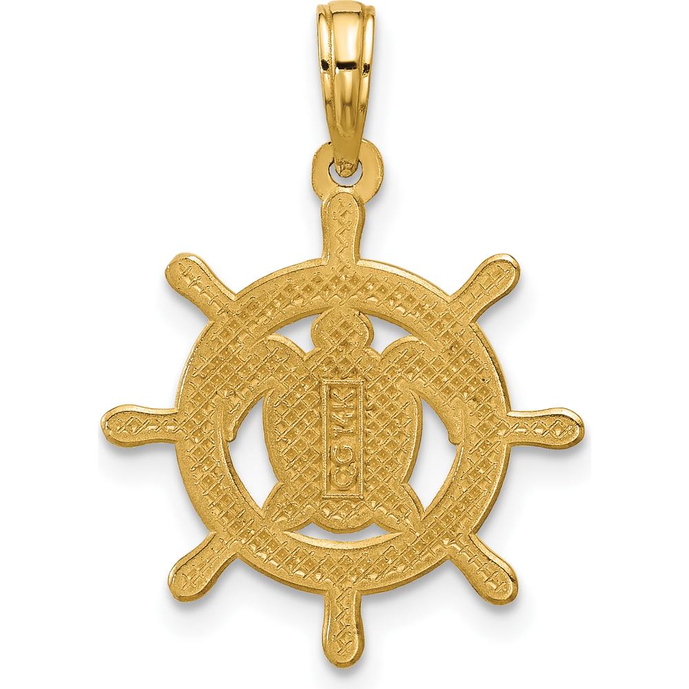 14K Yellow Gold Polished Turtle in Ships Wheel Pendant - 24.8mm Length by Oro Pregiato